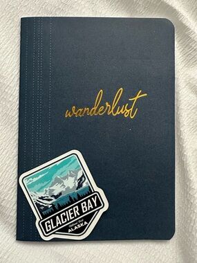 Wanderlust Navy Notebook with Gold Foil Script | Glacier Bay Sticker Included
